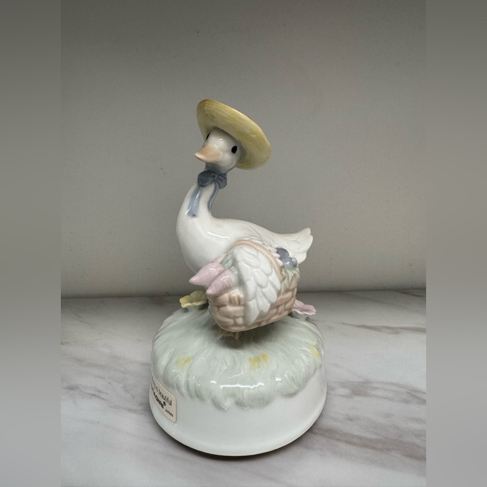 Vintage Otagiri Porcelain Musical Goose Figurine with Yellow Hat and Pink Basket